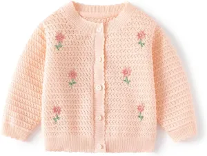 Toddler Butterfly Decor Thin Knitted Cardigan Sweater, Baby Girl's Cotton Button Front Top Clothes Sweater Mesh Coat