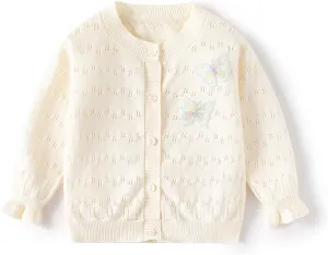 Toddler Butterfly Decor Thin Knitted Cardigan Sweater, Baby Girl's Cotton Button Front Top Clothes Sweater Mesh Coat
