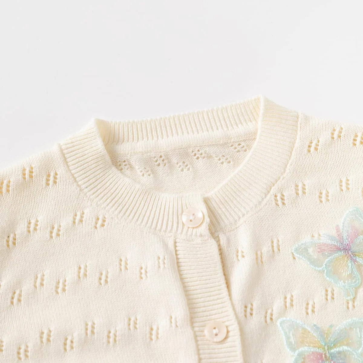 Toddler Butterfly Decor Thin Knitted Cardigan Sweater, Baby Girl's Cotton Button Front Top Clothes Sweater Mesh Coat