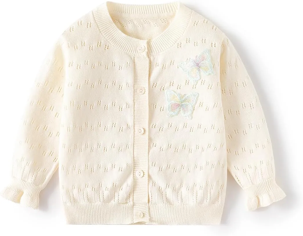 Toddler Butterfly Decor Thin Knitted Cardigan Sweater, Baby Girl's Cotton Button Front Top Clothes Sweater Mesh Coat
