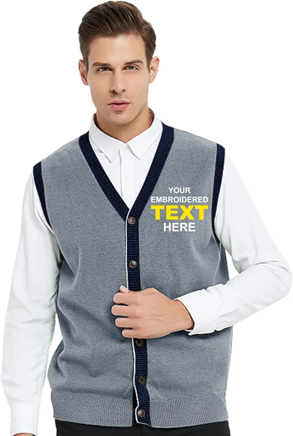 TopTie Custom Embroidered Monogrammed Men's Sleeveless Cardigan Sweater Vest Stylish Button