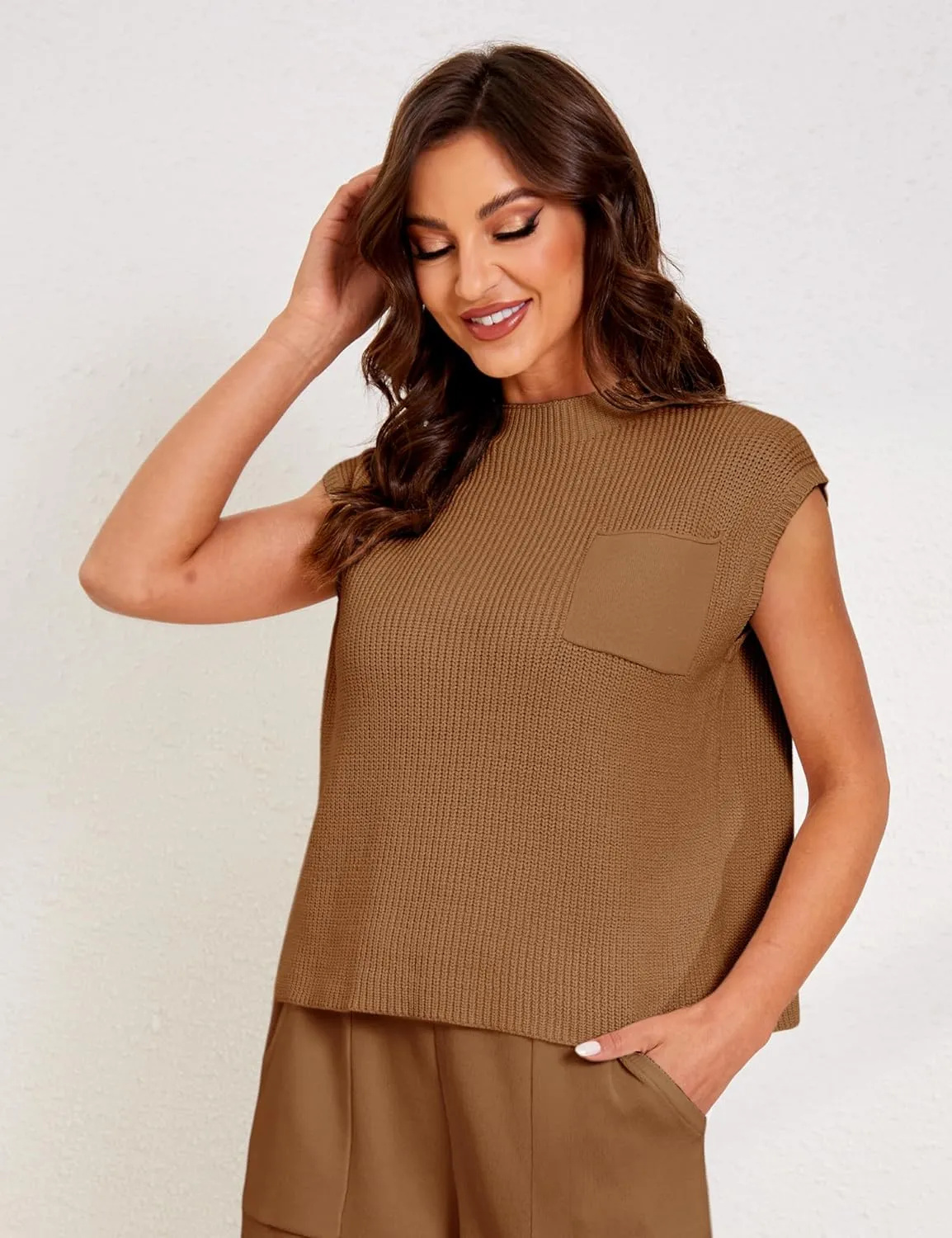 UANEO Sweater Vest Women Mock Neck Casual Cropped Knit Pullover Cap Sleeve Sweater for Women Top Spring