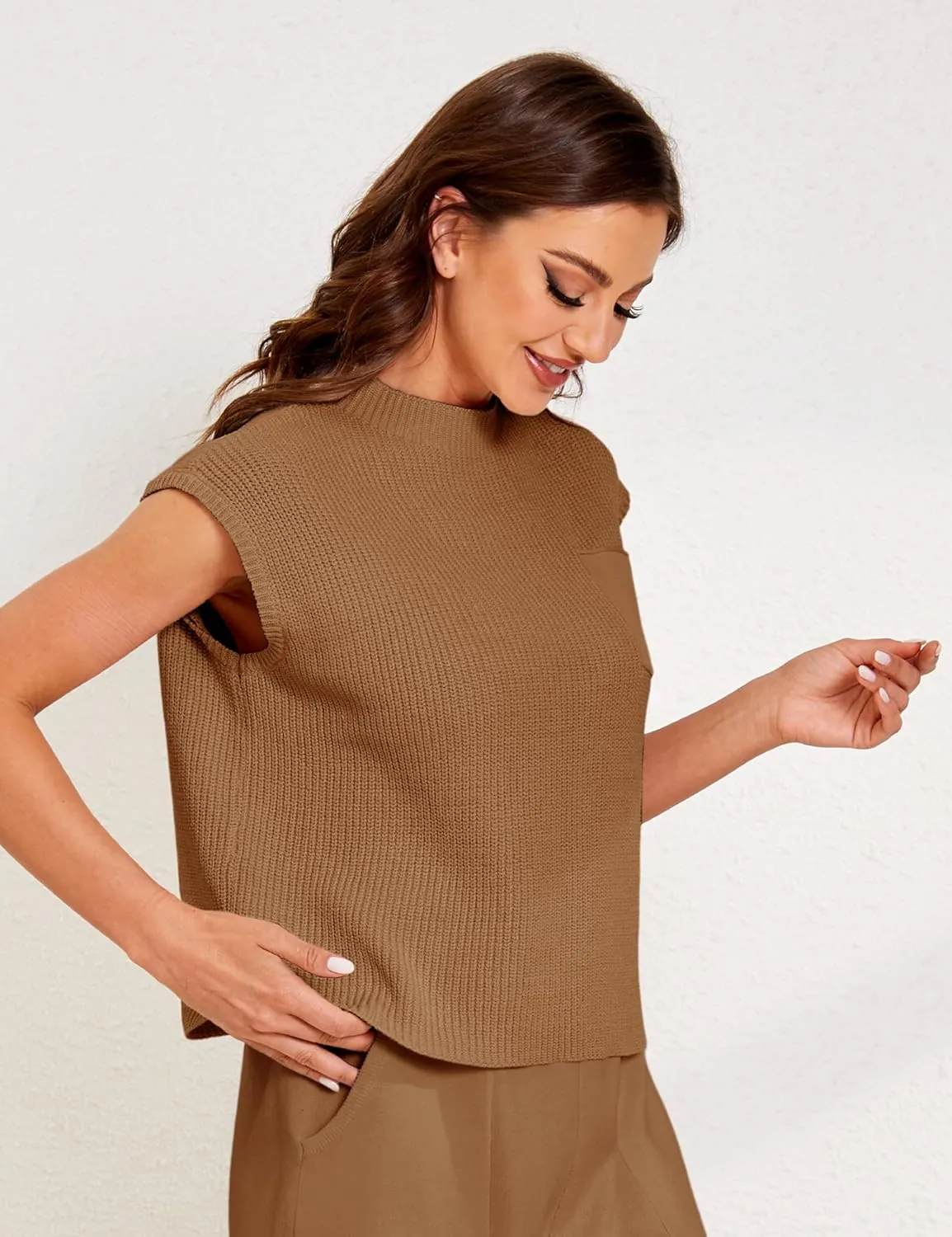 UANEO Sweater Vest Women Mock Neck Casual Cropped Knit Pullover Cap Sleeve Sweater for Women Top Spring
