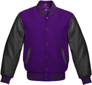 Varsity Hoodie Jacket For Baseball Letterman Bomber School Of Purple Wool and Genuine Black Leather Sleeves