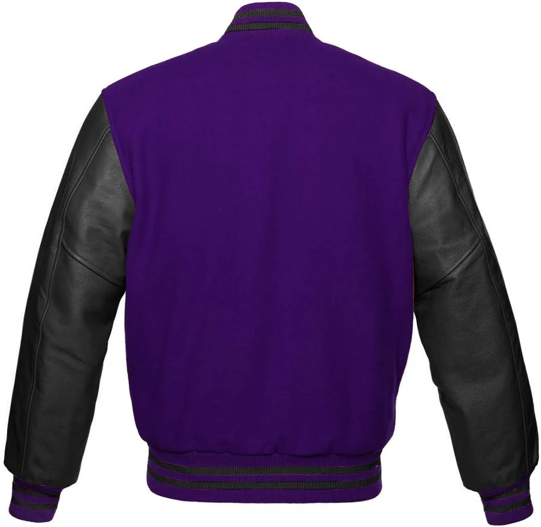 Varsity Hoodie Jacket For Baseball Letterman Bomber School Of Purple Wool and Genuine Black Leather Sleeves