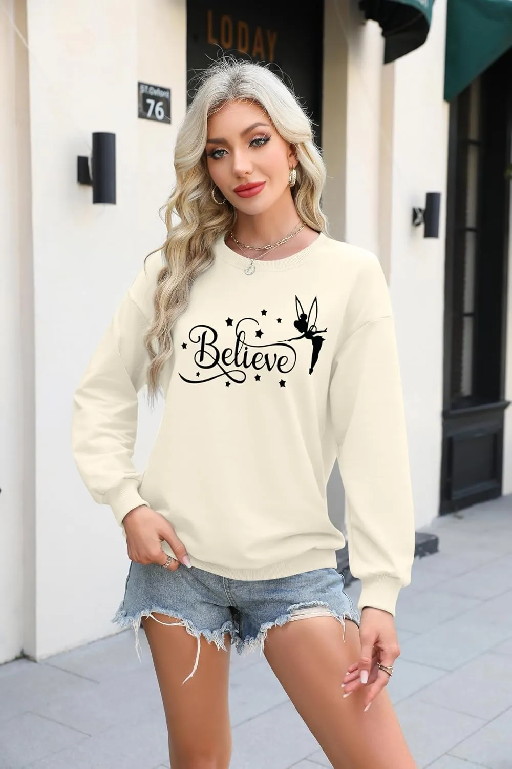 VILOVE Believe in Magic Sweatshirt Women Cute Fairy Graphic Shirt Magic Kingdom Shirt Funny Family Vacation Long Sleeve Top