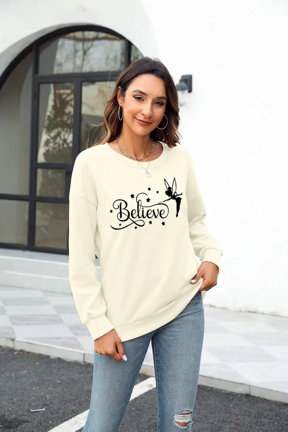 VILOVE Believe in Magic Sweatshirt Women Cute Fairy Graphic Shirt Magic Kingdom Shirt Funny Family Vacation Long Sleeve Top
