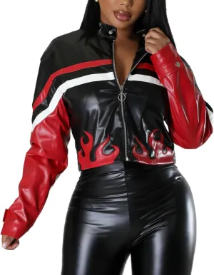 VOIKERDR Leather Jacket for Women Cropped Motorcycle Jacket Biker Faux Leather Bomber Jacket Casual