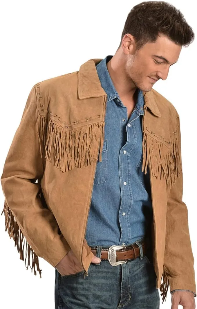 Western Cowboy Suede Jacket Men Traditional Buckskin Native American Beaded Brown Real Leather Fringe Jacket