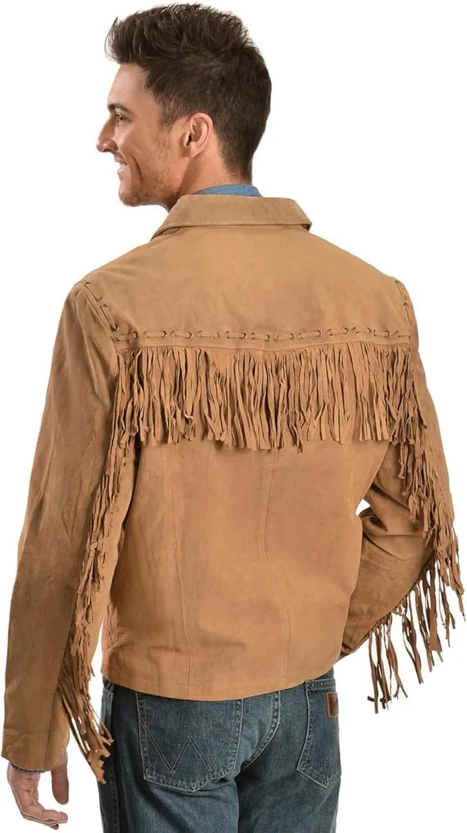 Western Cowboy Suede Jacket Men Traditional Buckskin Native American Beaded Brown Real Leather Fringe Jacket