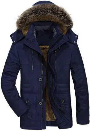 Winter Jacket Men's Plus Size Cotton Padded Warm Parka Coat Casual Faux Fur Hooded Fleece Long Windbreaker