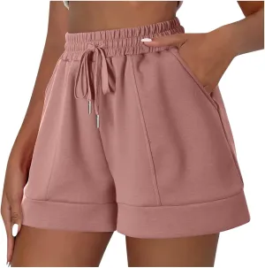 Women Athletic Shorts Casual Solid Stretchy High Waisted Fitness Short Gym Workout Running Shorts with Pockets