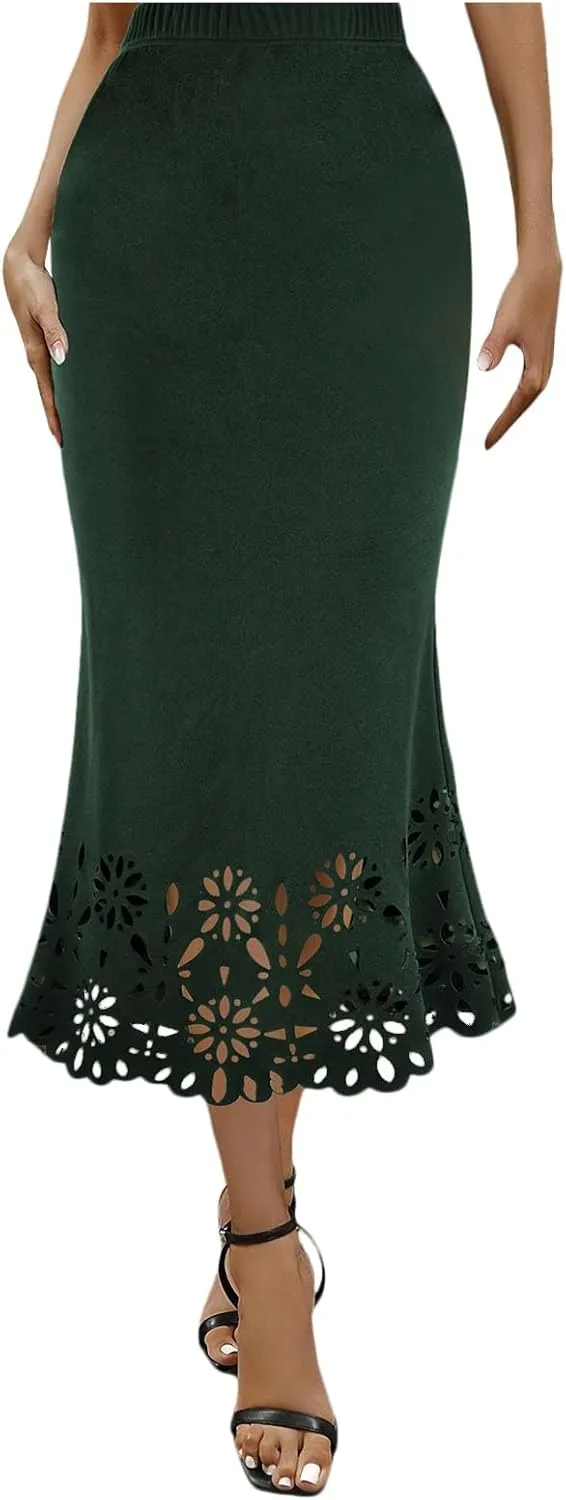 Women Fashion Solid Skirt Elastic Waist Slim Hollow A Shaped Skirt Fishtail Skirt Corset Skirt High Waist