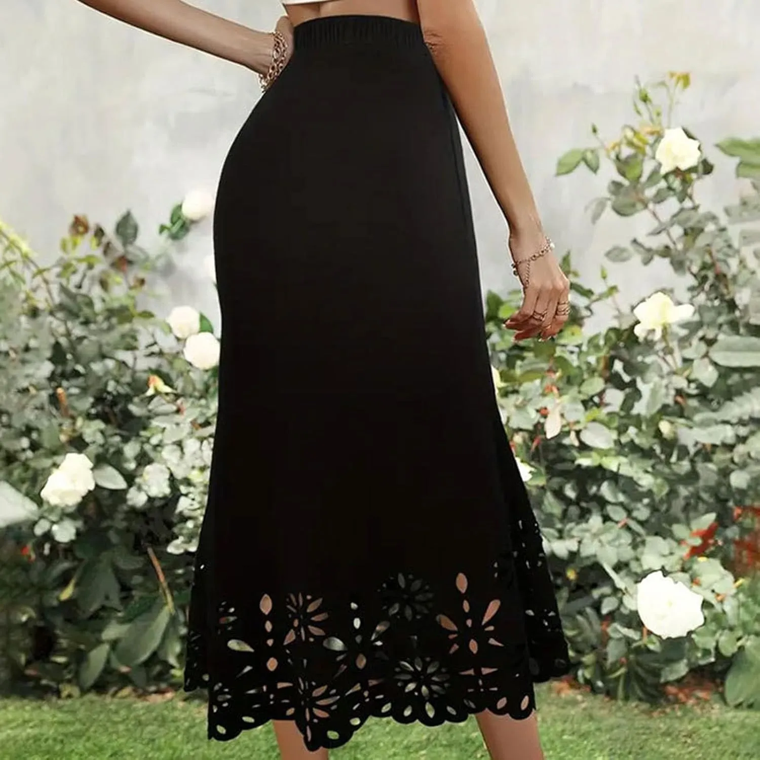 Women Fashion Solid Skirt Elastic Waist Slim Hollow A Shaped Skirt Fishtail Skirt Corset Skirt High Waist