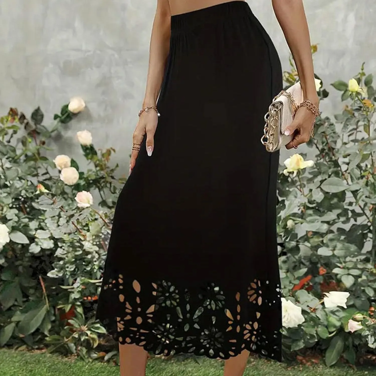 Women Fashion Solid Skirt Elastic Waist Slim Hollow A Shaped Skirt Fishtail Skirt Corset Skirt High Waist