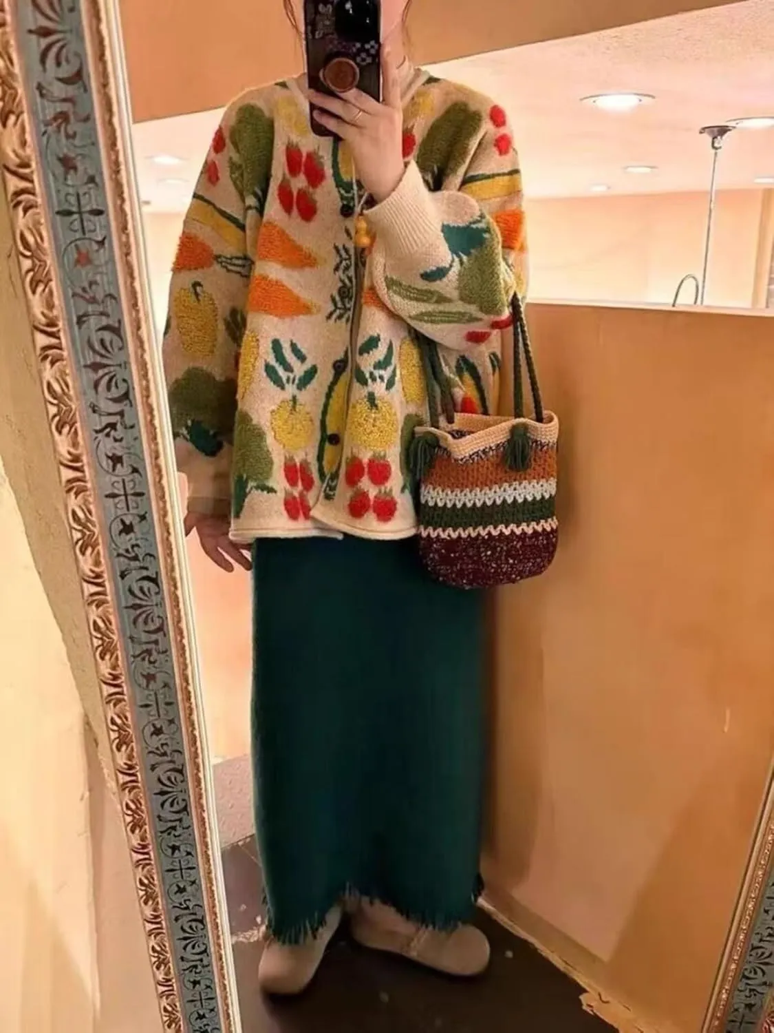 Women Flower Fruit Embroidery Sweater Button Down Oversized Cardigan Knitted Long Sleeve Winter Top Knitwear