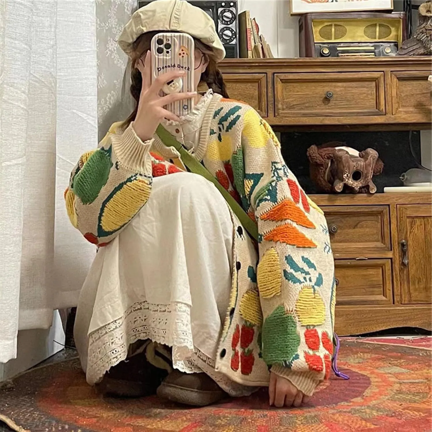 Women Flower Fruit Embroidery Sweater Button Down Oversized Cardigan Knitted Long Sleeve Winter Top Knitwear