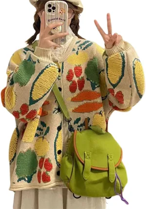 Women Flower Fruit Embroidery Sweater Button Down Oversized Cardigan Knitted Long Sleeve Winter Top Knitwear