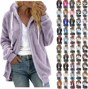 Women Fuzzy Hoodie Zip Up Fleece Jacket Long Sleeve Colorblock Sweatshirt Oversized Fluffy Coat Fall Winter Outerwear