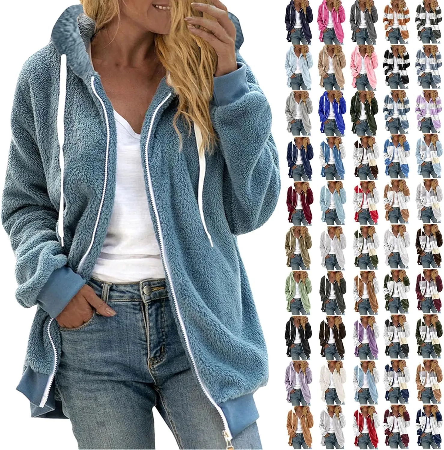 Women Fuzzy Hoodie Zip Up Fleece Jacket Long Sleeve Colorblock Sweatshirt Oversized Fluffy Coat Fall Winter Outerwear