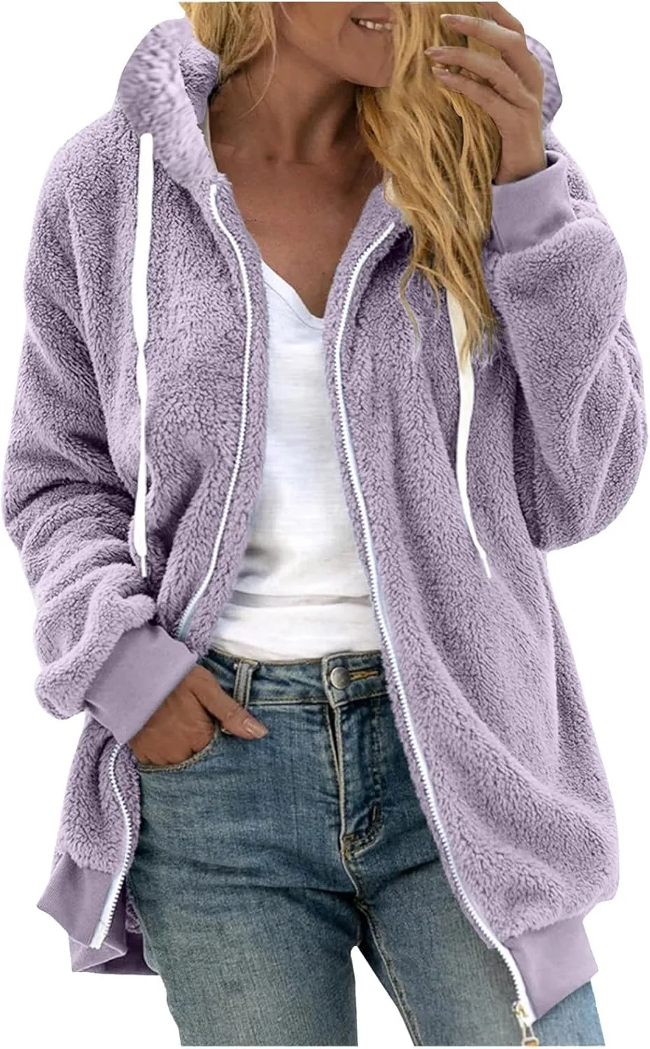 Women Fuzzy Hoodie Zip Up Fleece Jacket Long Sleeve Colorblock Sweatshirt Oversized Fluffy Coat Fall Winter Outerwear
