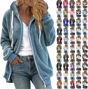 Women Fuzzy Hoodie Zip Up Fleece Jacket Long Sleeve Colorblock Sweatshirt Oversized Fluffy Coat Fall Winter Outerwear