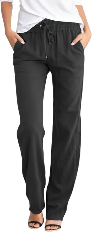 Women Linen Blend Summer Boho Palazzo Lounge Pants Elastic Waist Lounge Pants Slim-Fit Pants Work Business