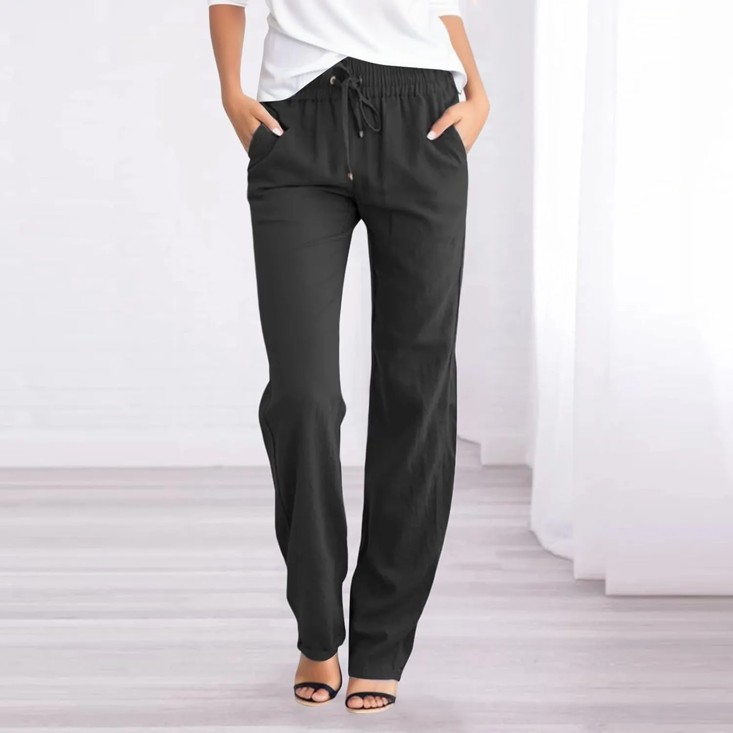 Women Linen Blend Summer Boho Palazzo Lounge Pants Elastic Waist Lounge Pants Slim-Fit Pants Work Business