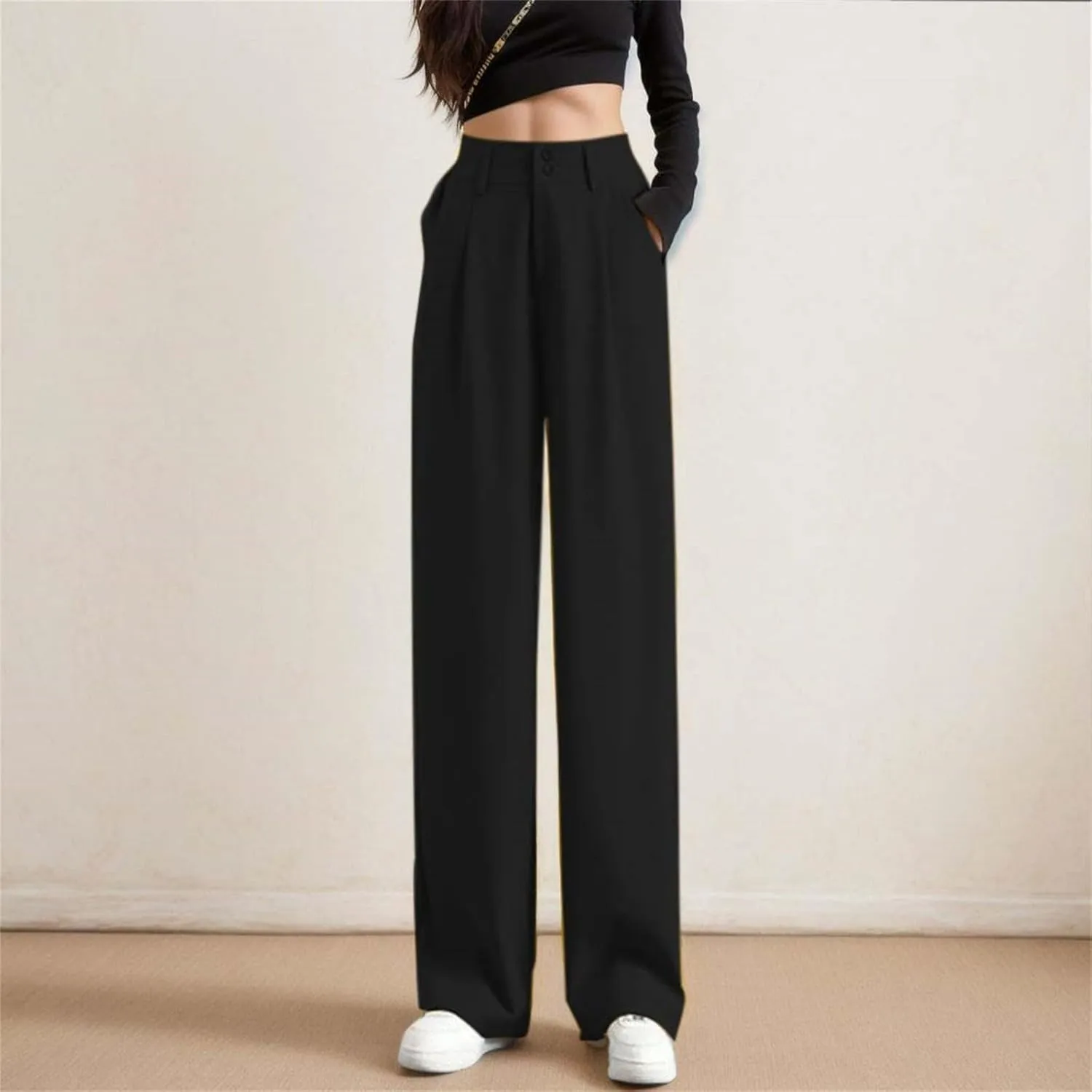 Women Linen Blend Summer Comfy Palazzo Pants Low Waist Wide Leg Loose Fit Palazzo Pants Work Business