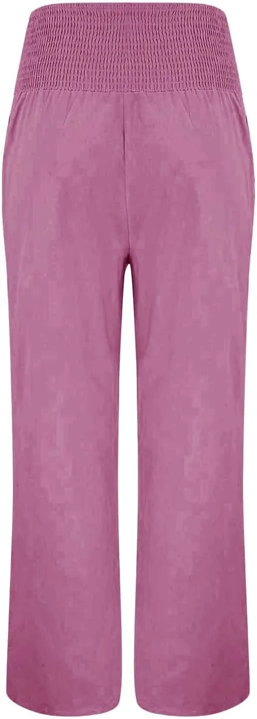 Women Linen Blend Summer Letter Patched Pant Trousers Elastic Waist Wide Leg Loose Fit Trouser Office