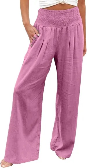 Women Linen Blend Summer Letter Patched Pant Trousers Elastic Waist Wide Leg Loose Fit Trouser Office