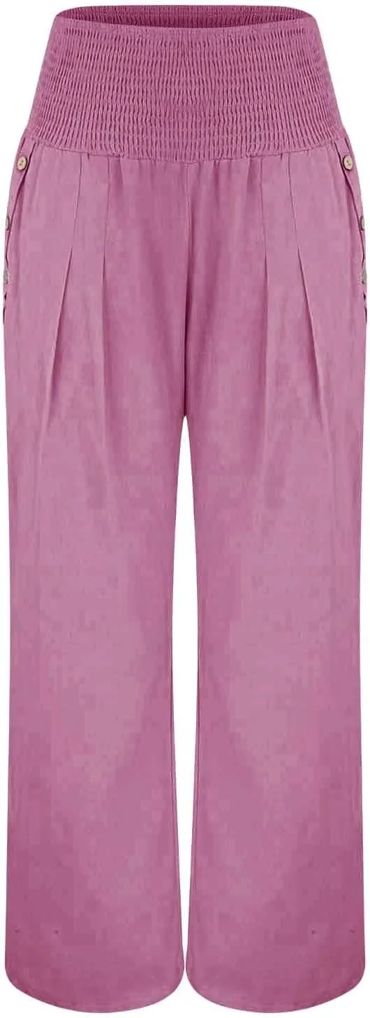 Women Linen Blend Summer Letter Patched Pant Trousers Elastic Waist Wide Leg Loose Fit Trouser Office