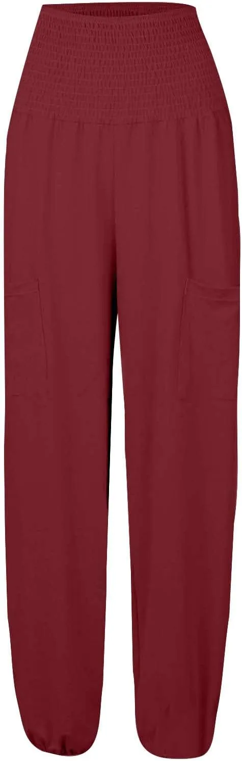 Women Linen Blend Summer Loose Flowy Palazzo Lounge Pants High Waist Bootcut Slim-Fit Trouser Work Business