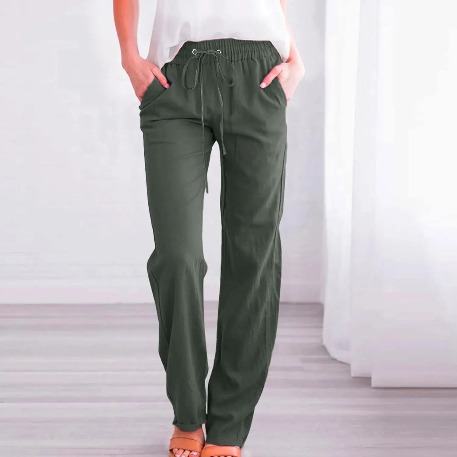 Women Linen Summer Loose Pants High Waist Stretchy Straight Loose Fit Trousers Business Work