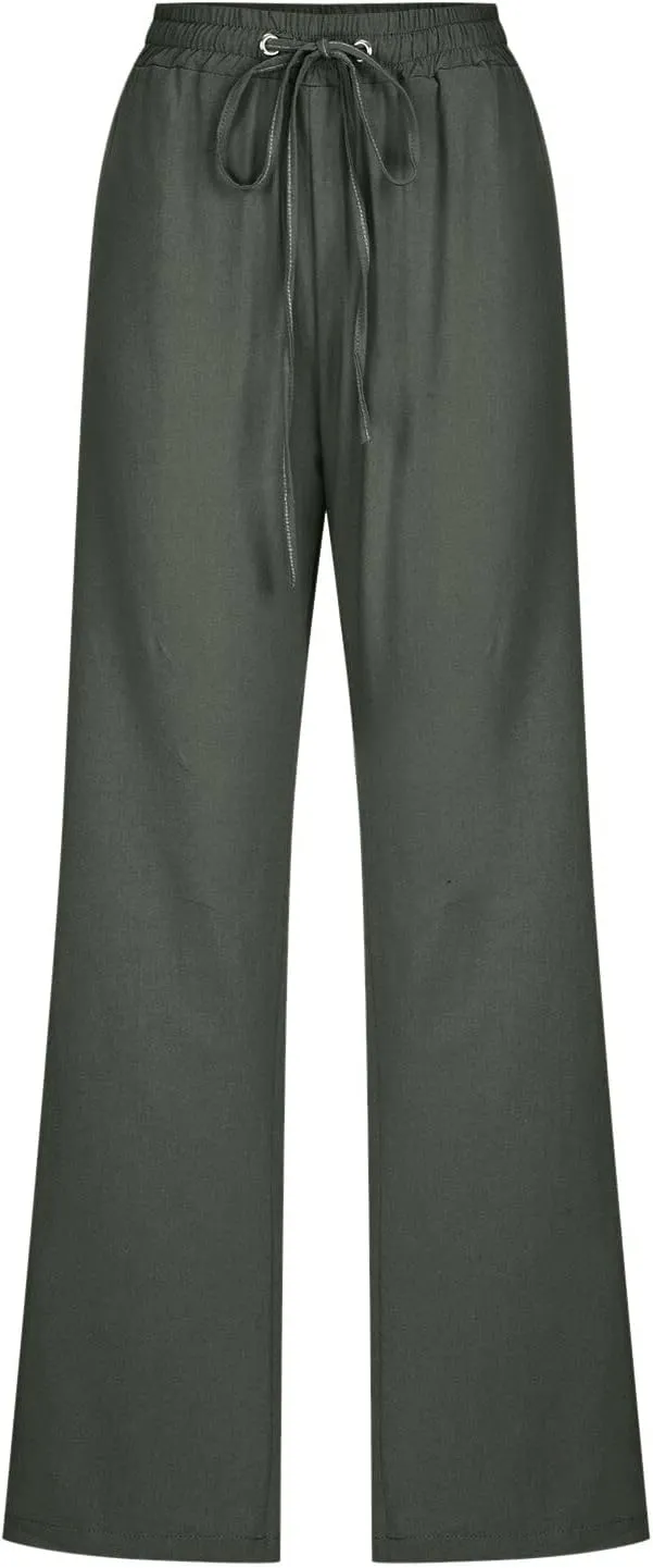 Women Linen Summer Loose Pants High Waist Stretchy Straight Loose Fit Trousers Business Work
