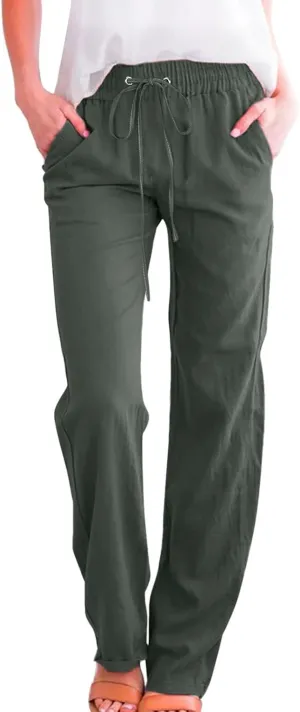 Women Linen Summer Loose Pants High Waist Stretchy Straight Loose Fit Trousers Business Work