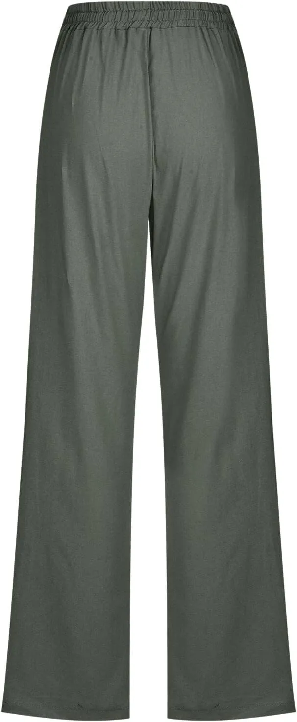 Women Linen Summer Loose Pants High Waist Stretchy Straight Loose Fit Trousers Business Work