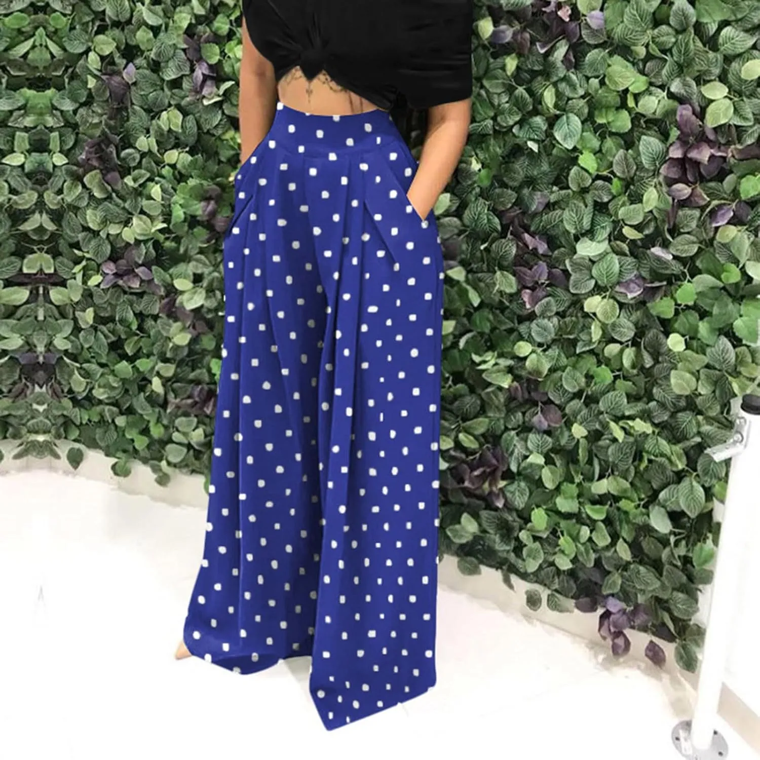 Women Polka Dots Oversized Straight Leg Baggy Pants Stretch High Waist Summer Fashion Casual Trousers with Pockets