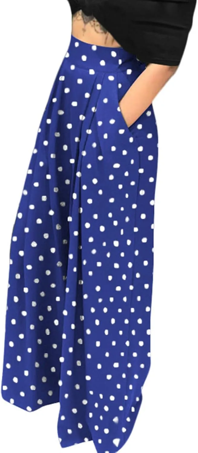 Women Polka Dots Oversized Straight Leg Baggy Pants Stretch High Waist Summer Fashion Casual Trousers with Pockets