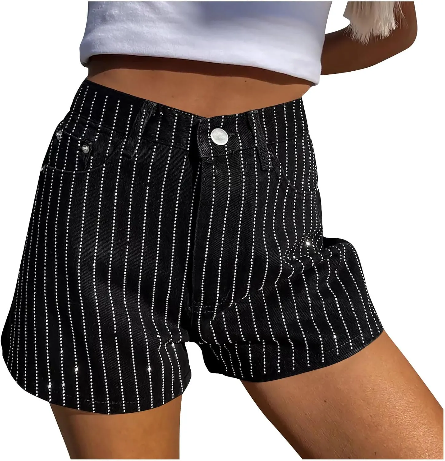 Women Rhinestone Denim Shorts High Waisted Baggy Hot Pant Retro Straight Jean Shorts for Going Out Club Party