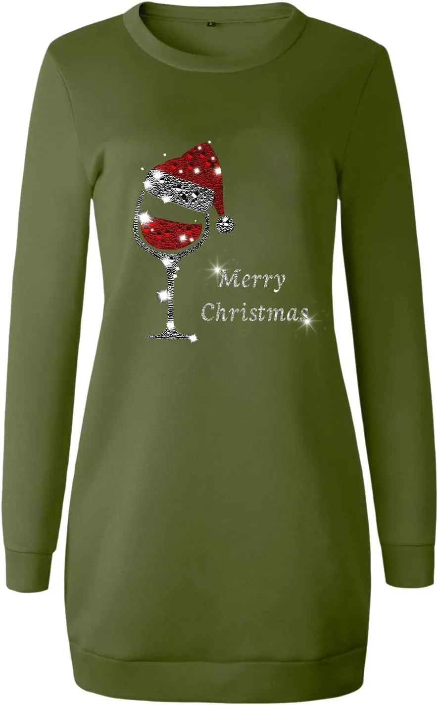 Women Sweater Shirts Merry Christmas Print Long Sleeve Crewneck Casual Solid Color Work Office Midi Pullover Dress