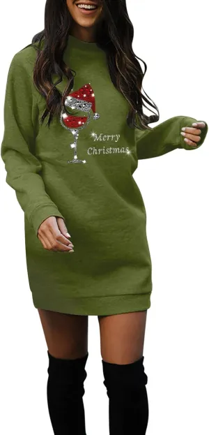 Women Sweater Shirts Merry Christmas Print Long Sleeve Crewneck Casual Solid Color Work Office Midi Pullover Dress