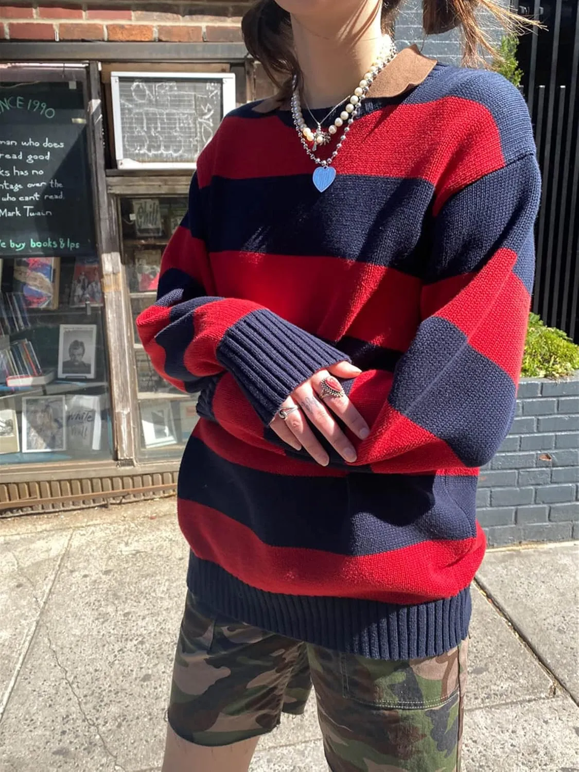 Women Y2K Striped Sweater Knit Oversized Long Sleeve Pullover Sweaters 90S Harajuku Preppy E-Girl Streetwear