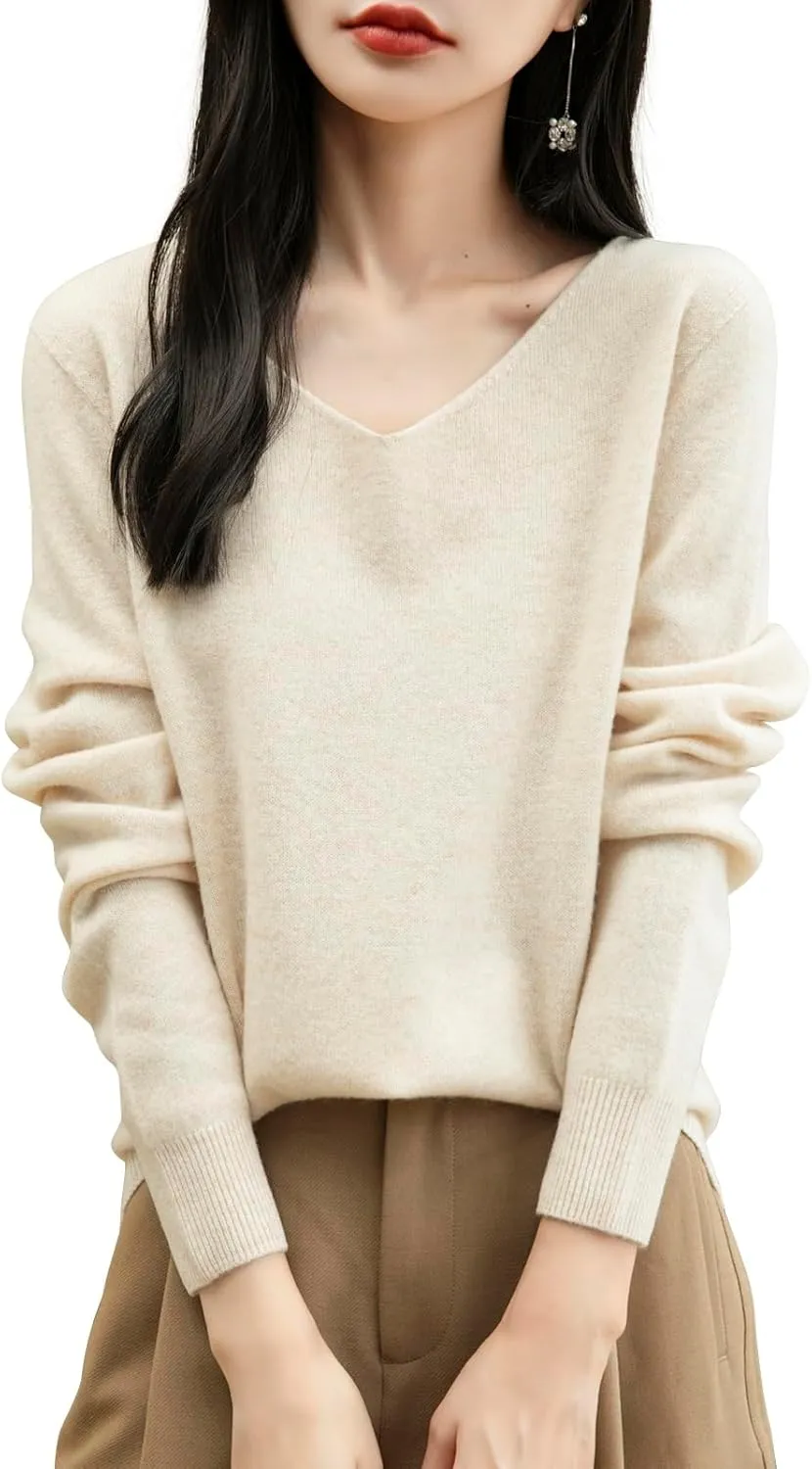 Women's 100% Merino Wool V Neck Sweater 2025 First-Line Ready to Wear Casual Long Sleeve Seamless Knit Sweater