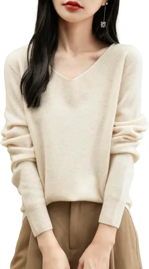Women's 100% Merino Wool V Neck Sweater 2025 First-Line Ready to Wear Casual Long Sleeve Seamless Knit Sweater