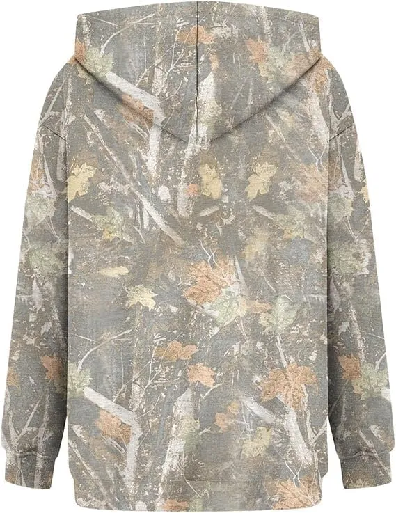 Women's Camo Hoodie Maple Leaf Print Oversized Hooded Sweatshirt Fleece Casual Long Sleeve Pullover Sweatshirts with Pockets