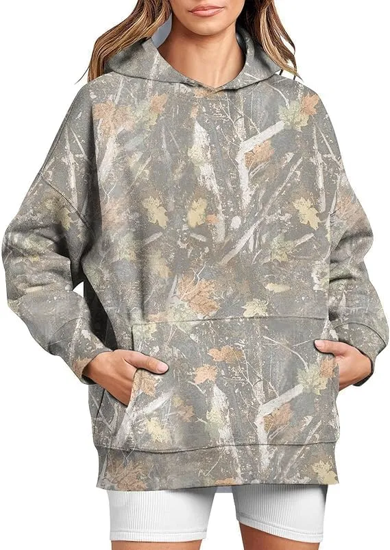 Women's Camo Hoodie Maple Leaf Print Oversized Hooded Sweatshirt Fleece Casual Long Sleeve Pullover Sweatshirts with Pockets