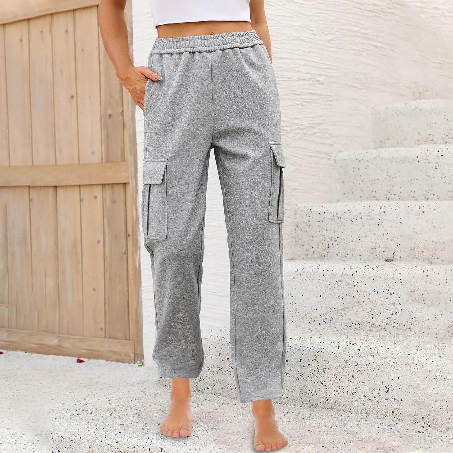 Womens Cargo Sweatpants Casual Elastic High Waist Joggers Pants 2024 Trendy Lounge Trousers with Pockets Fall Outfits