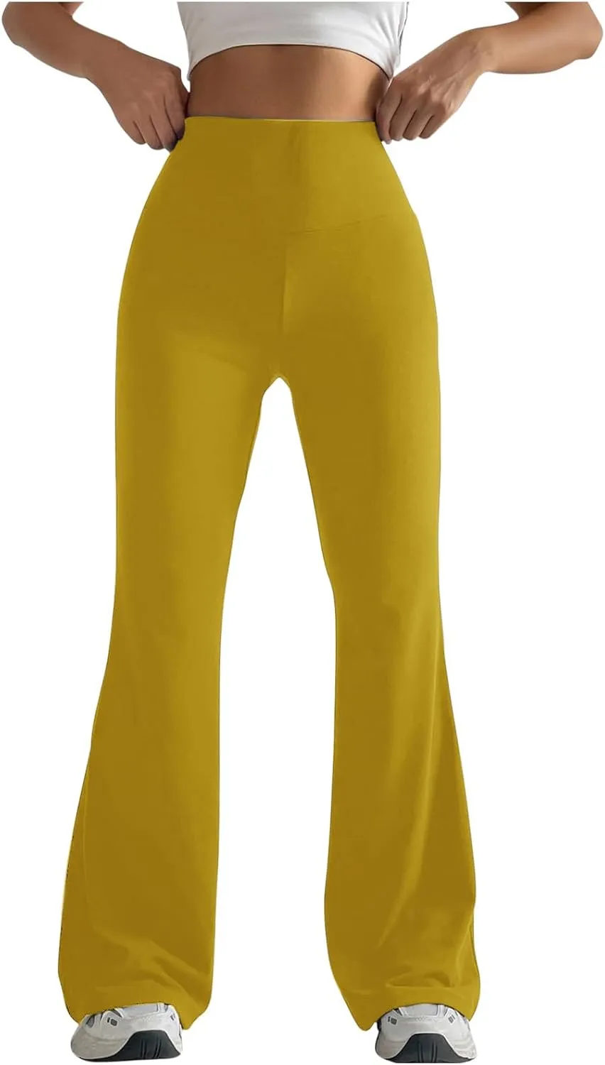 Womens Casual High Waist Leggings Regular fit Solid Color Flared Pants Active Workout Yoga Pants Seamless Trousers