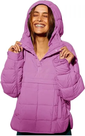 Womens Casual Oversized Puffer Jacket Quilted Dolman Hoodies Pullover Long Sleeve Lightweight Warm Winter Tops Coat